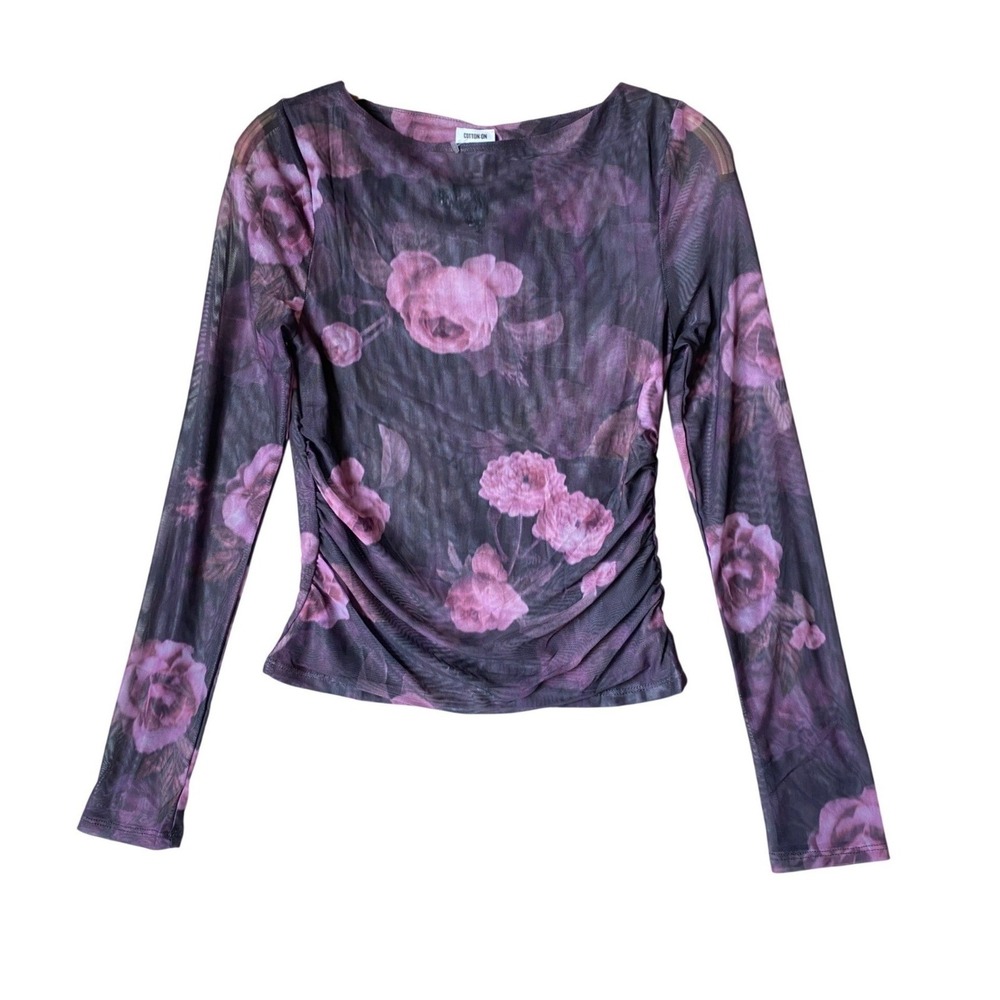 Cotton On Y2K Whimisgoth Dark Floral Mesh Top Women M Purple Sheer Overlay NWT